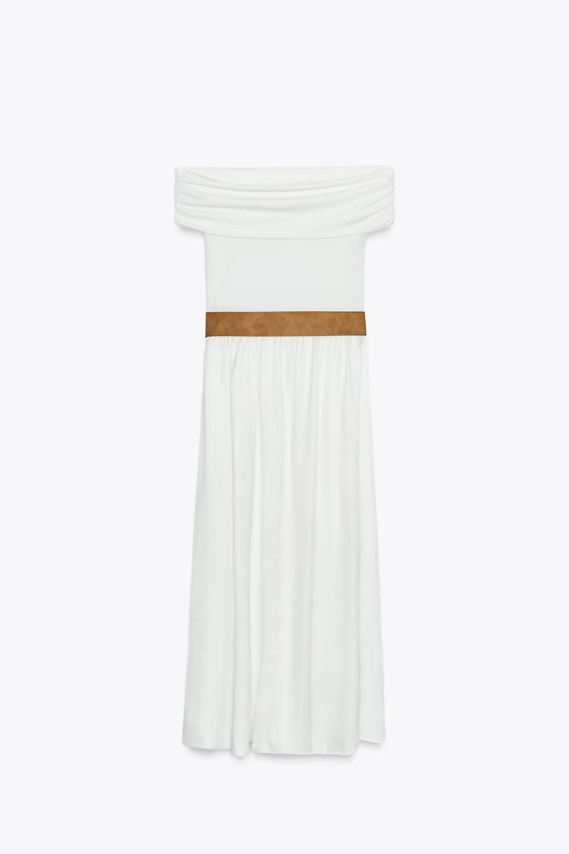 OFF-THE-SHOULDER COMBINATION MIDI DRESS WITH BELT