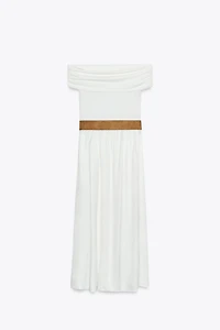 OFF-THE-SHOULDER COMBINATION MIDI DRESS WITH BELT