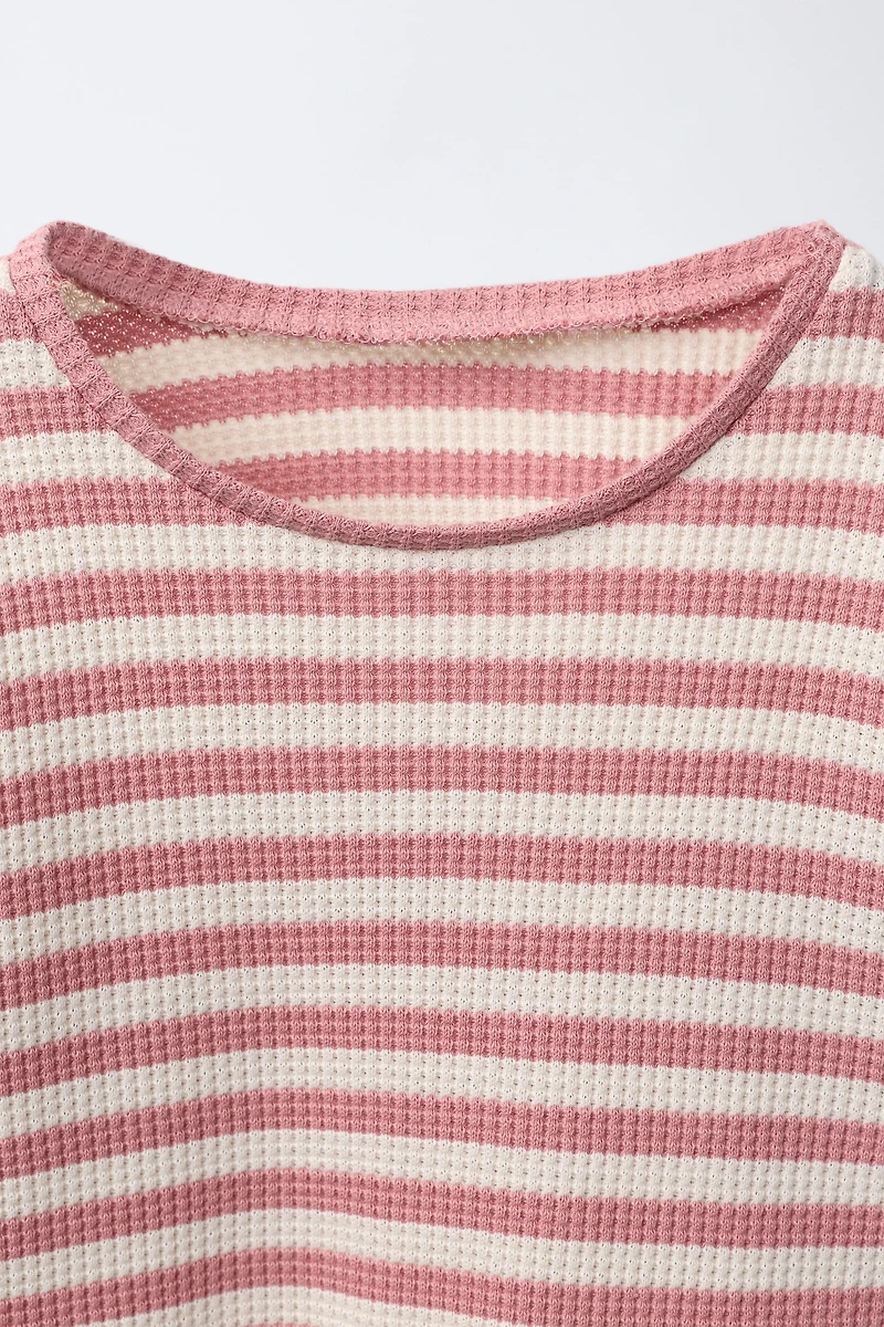 STRIPED WAFFLE KNIT PEPLUM TOP