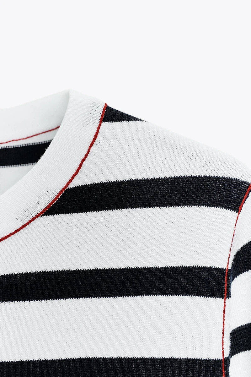 SHORT SLEEVE CONTRAST PIPING SWEATER