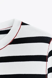 SHORT SLEEVE CONTRAST PIPING SWEATER