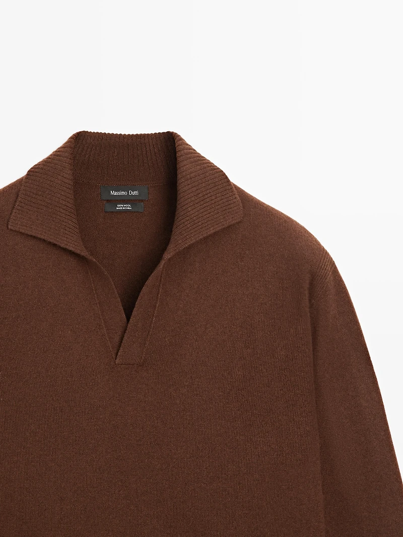 100% wool V-neck knit polo sweater