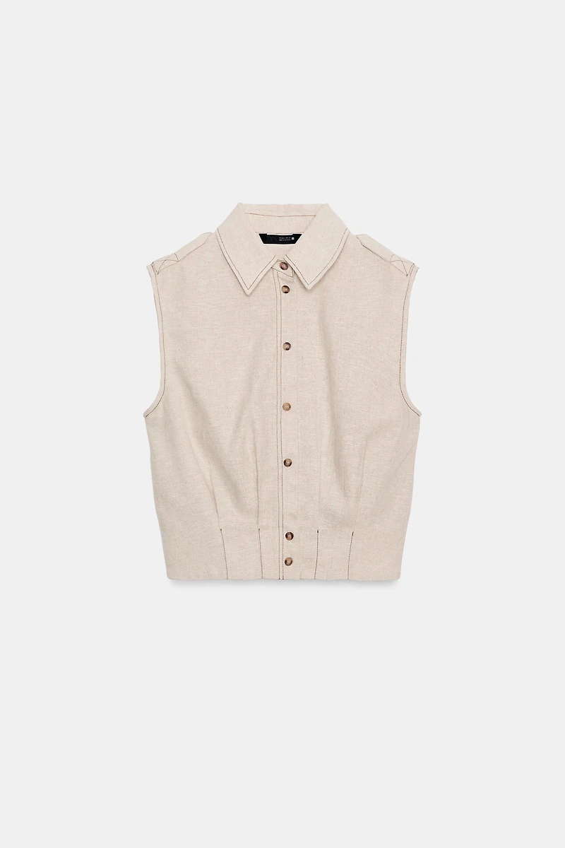 LINEN TOP WITH TOPSTITCHING