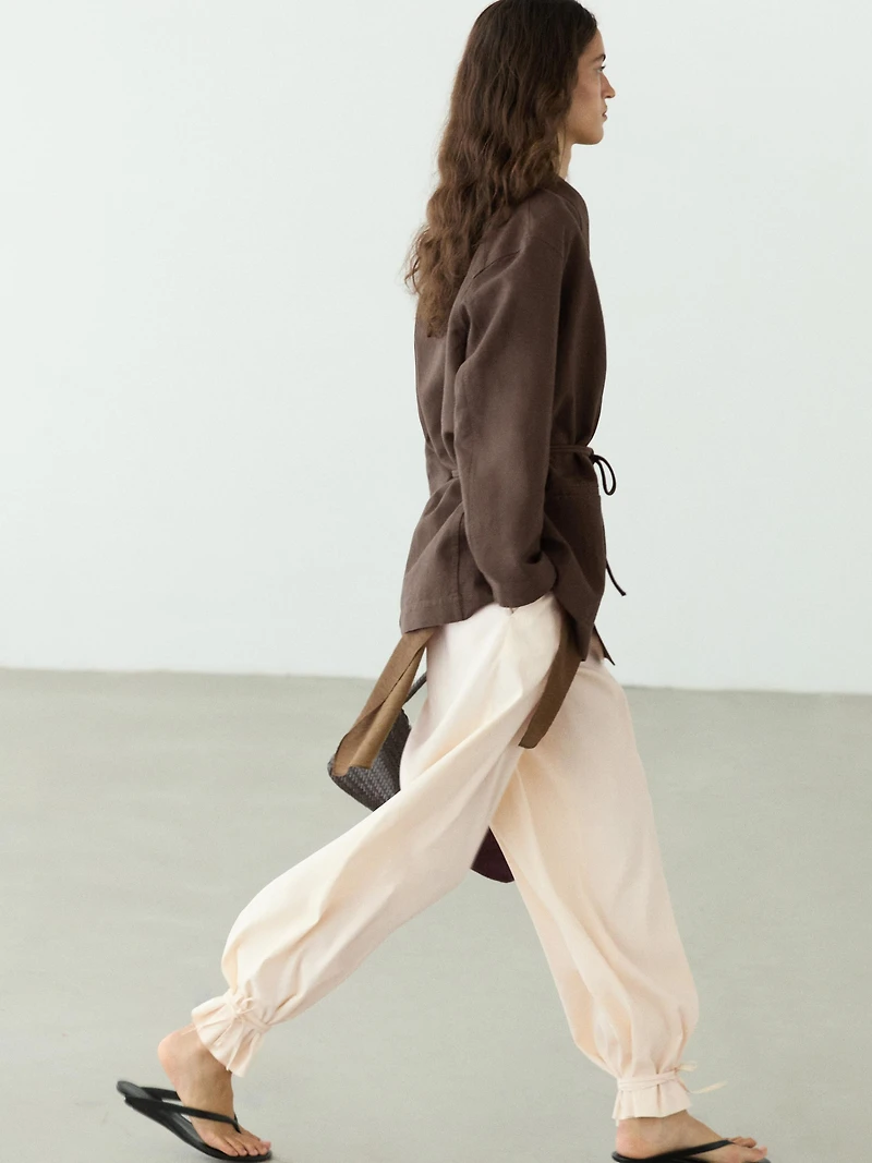 Linen blend kimono jacket with tie detail