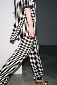 STRIPED LINEN CUFFED HEM PANTS
