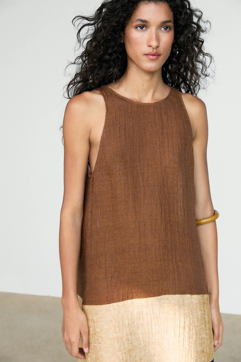 Combined linen blend midi dress