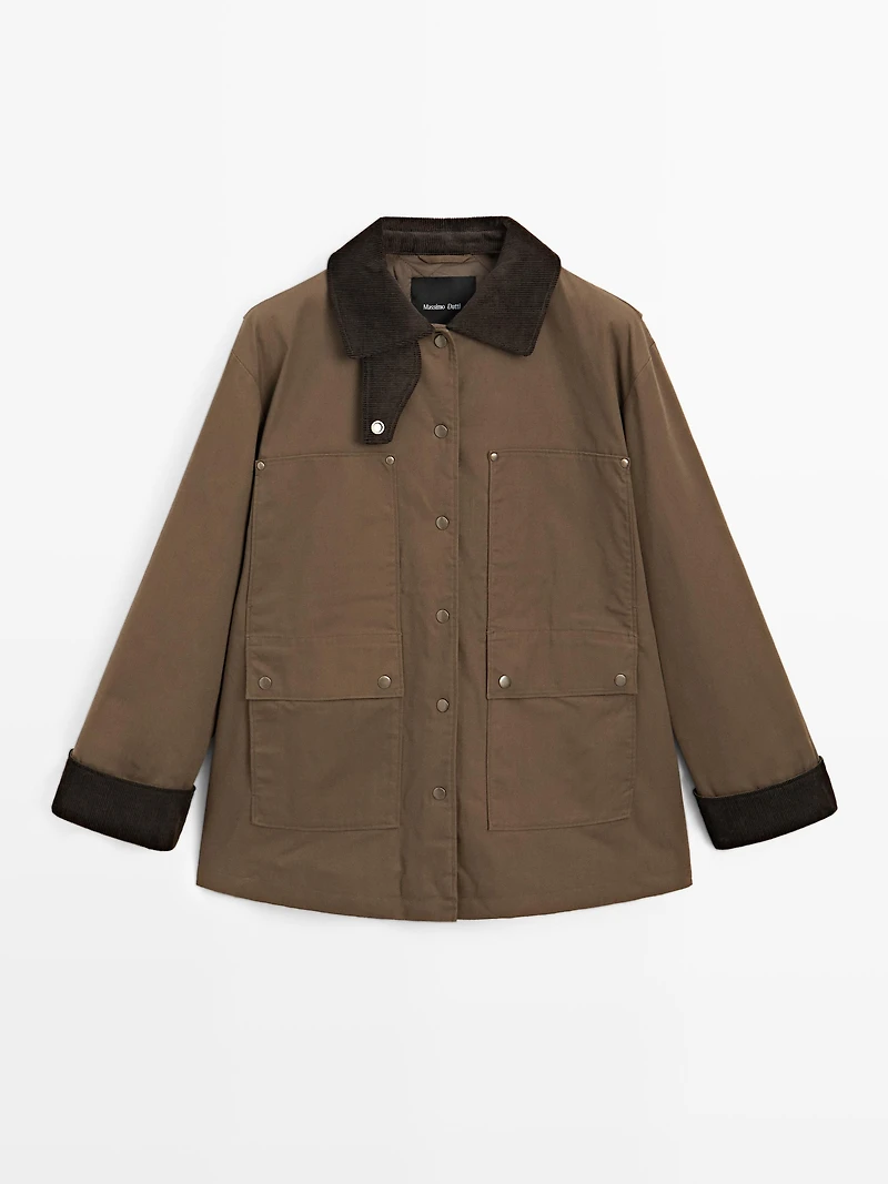 Waxed parka with corduroy detail