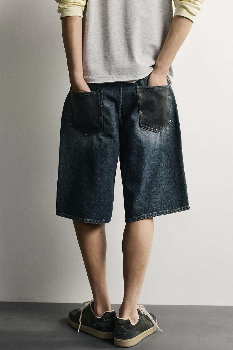 BAGGY FIT DENIM SHORTS WITH LEATHER POCKETS