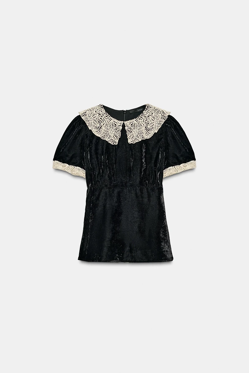 VELVET CROCHET BOW SHIRT