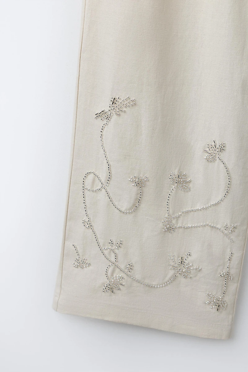 LINEN AND COTTON WIDE LEG BEADED PANTS