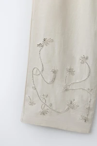 LINEN AND COTTON WIDE LEG BEADED PANTS