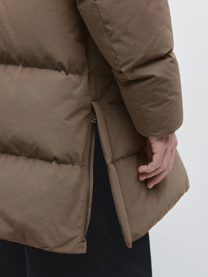 Long water-repellent down puffer jacket