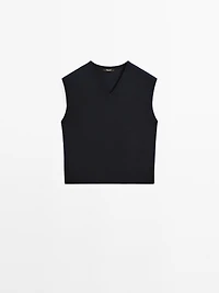 Veste sans manches courte laine à col en V