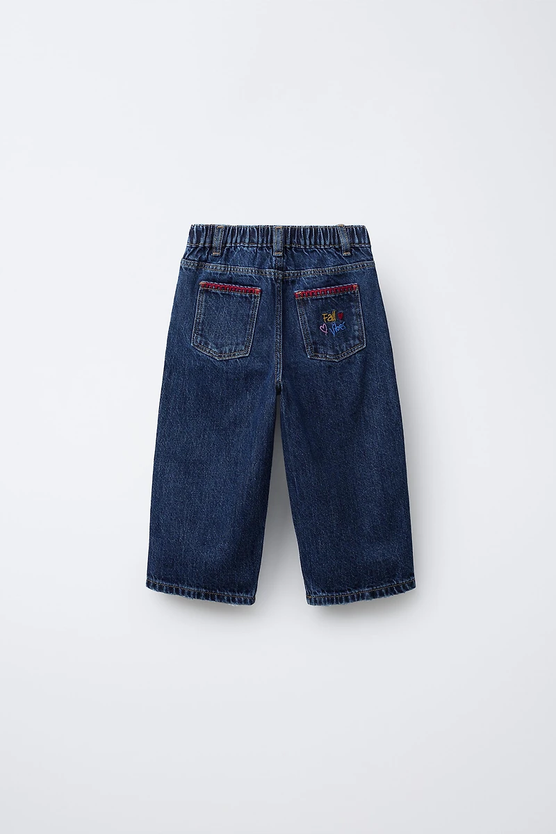 EMBROIDERED CONTRAST BAGGY JEANS