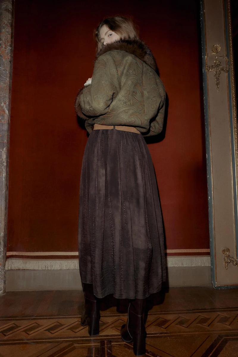 FADED PRINT BELTED MIDI SKIRT