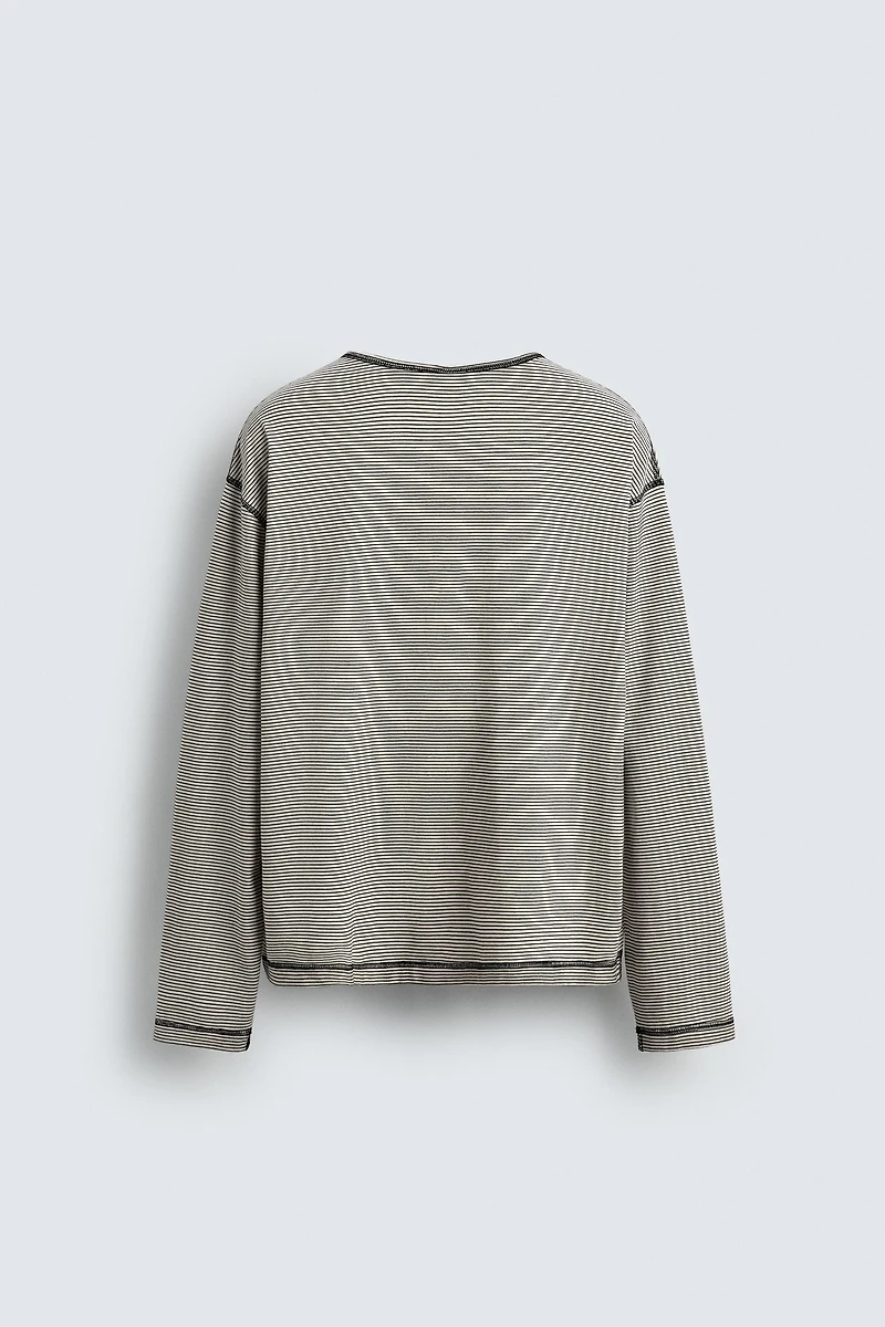 STRIPED HENLEY NECK T-SHIRT