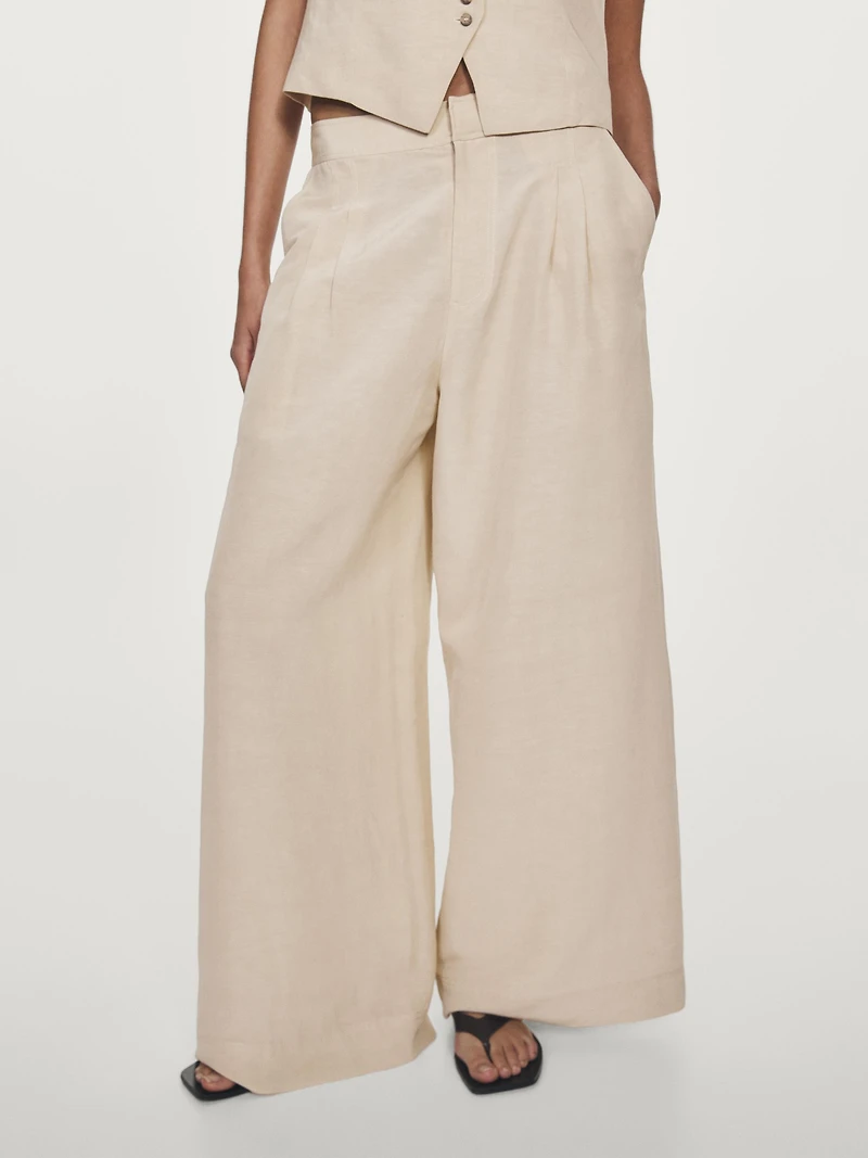 Linen blend darted wide-leg trousers