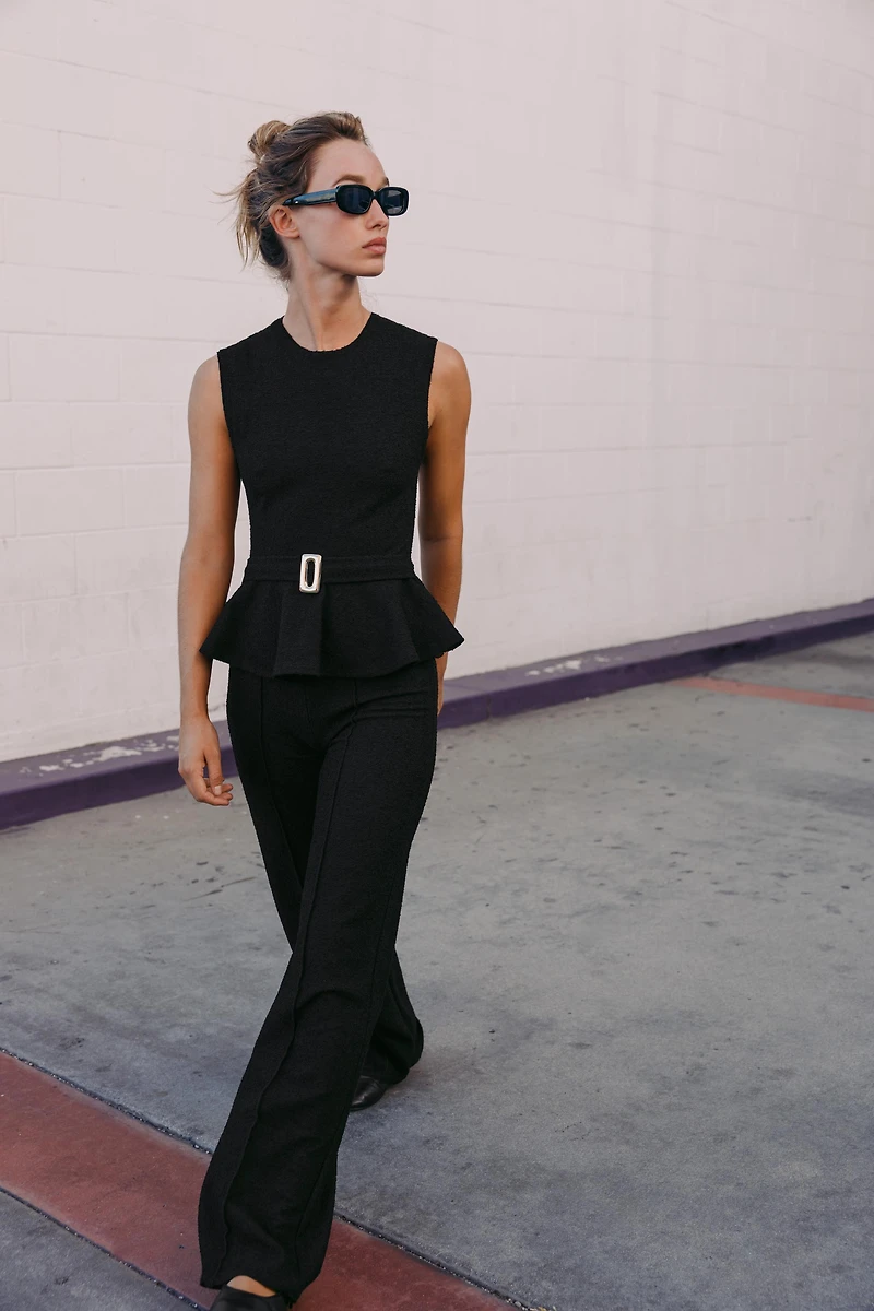 BOUCLÉ BUCKLE PEPLUM TOP