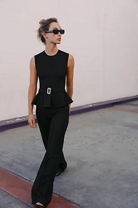 BOUCLÉ BUCKLE PEPLUM TOP