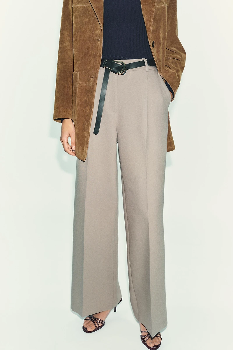 STRAIGHT LEG PLEATED BELTED PANTS