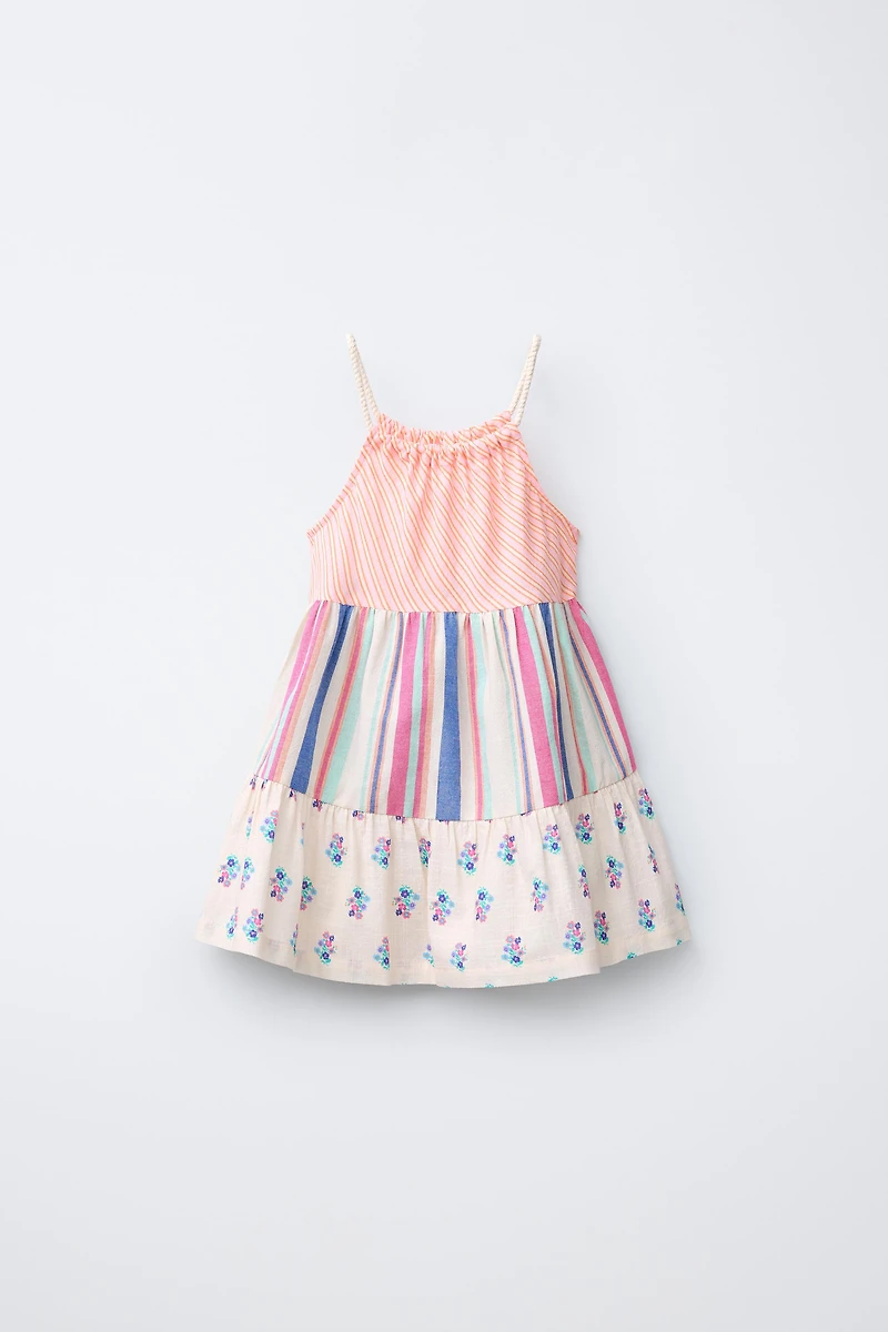 STRIPED AND FLORAL PLEATED DRESS