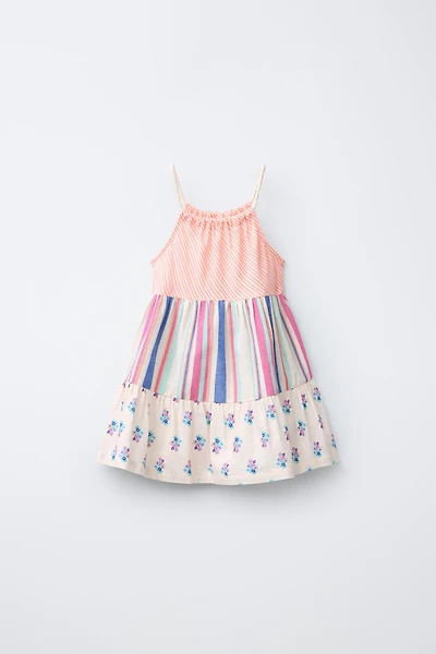 STRIPED AND FLORAL PLEATED DRESS