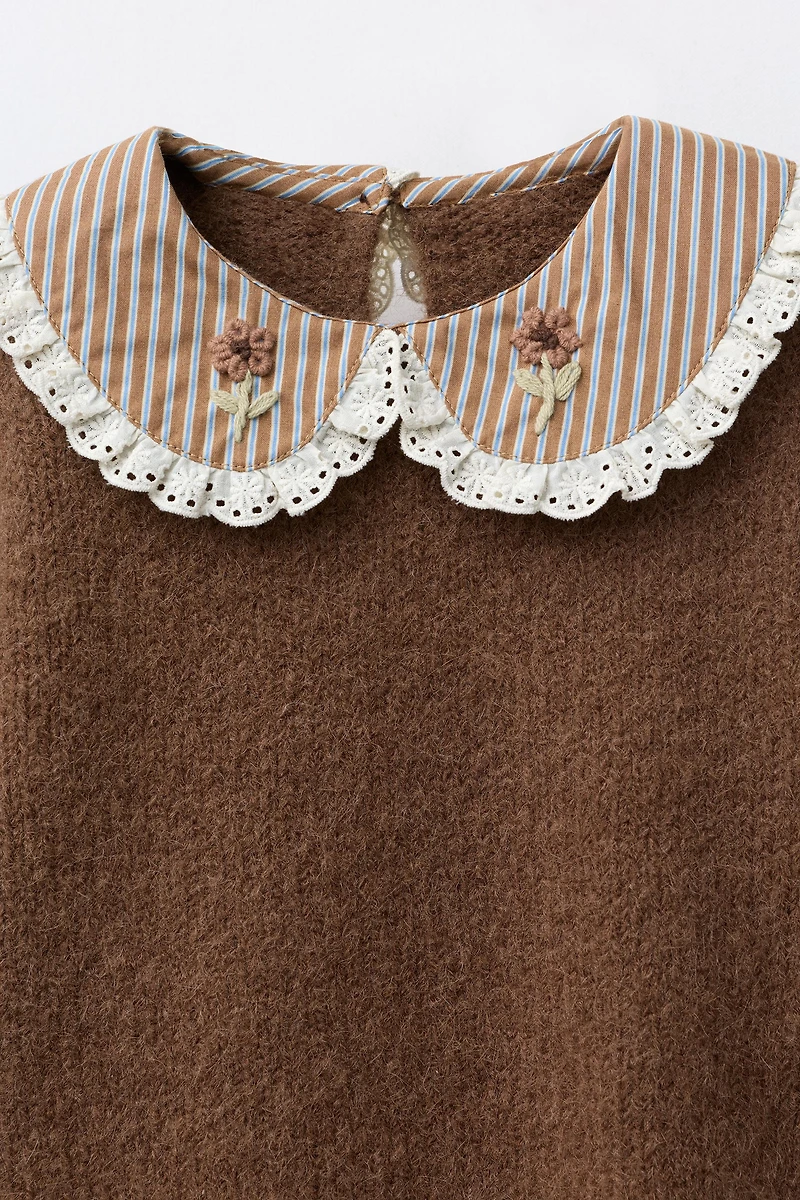 STRIPED COLLAR AND FLOWERS KNIT SWEATER