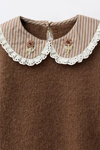 STRIPED COLLAR AND FLOWERS KNIT SWEATER