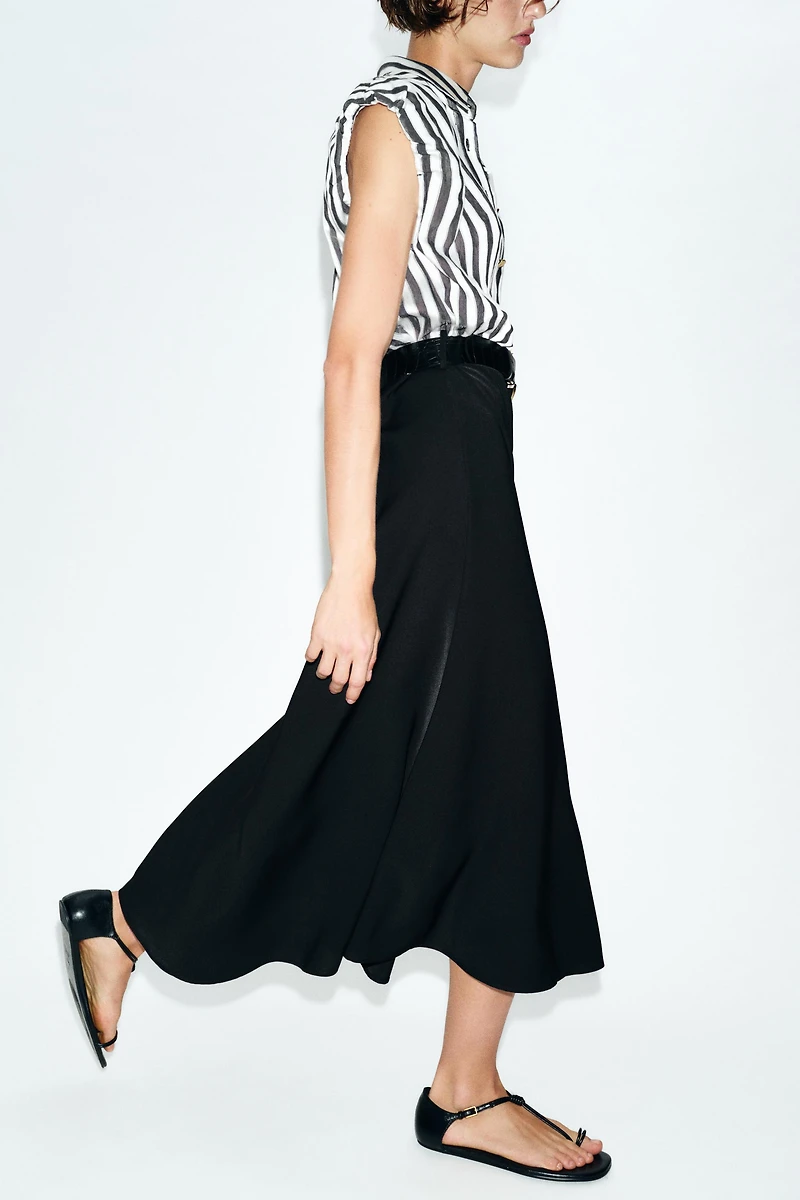 COMBINED STRIPED BELTED MIDI DRESS