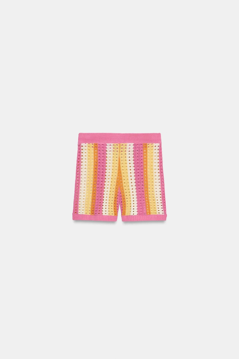 STRIPED OPENWORK KNIT SHORTS