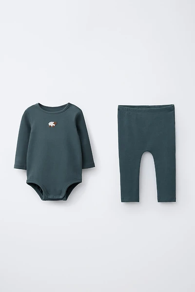 SHEEP EMBROIDERY BODYSUIT AND LEGGINGS SET