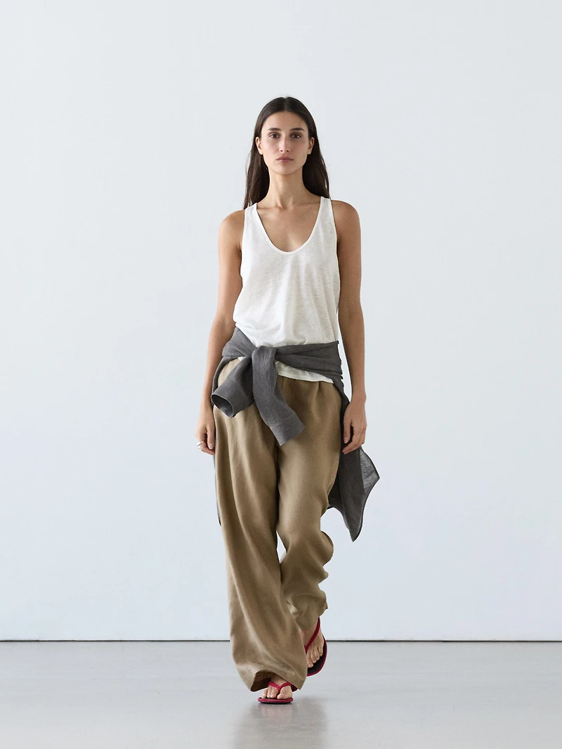 100% linen wide-leg elasticated trousers