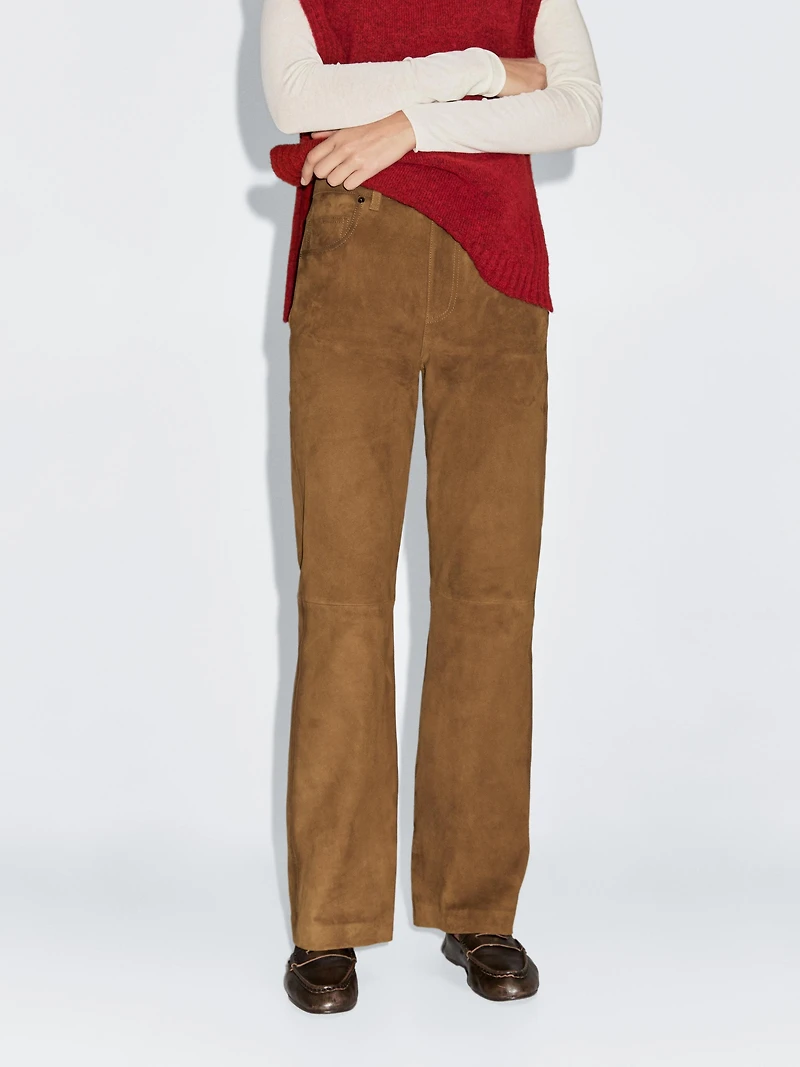 Pantalon droit en cuir finition daim