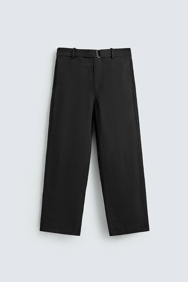 RELAXED FIT VISCOSE-LINEN BELTED PANTS