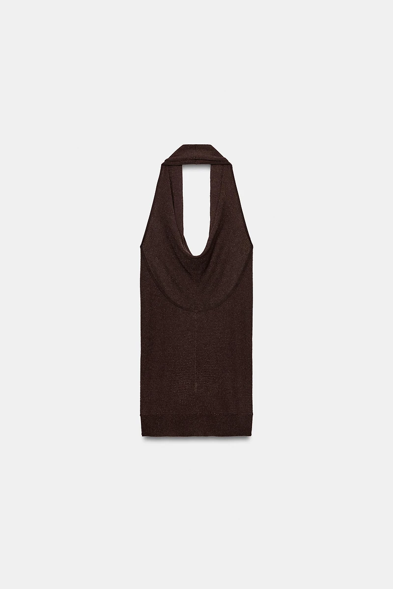 METALLIC THREAD RIB KNIT HALTER TOP
