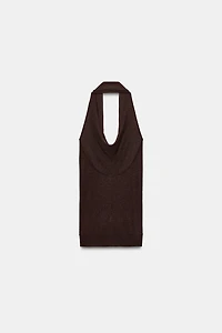 METALLIC THREAD RIB KNIT HALTER TOP
