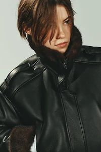 DOUBLE FACED FAUX LEATHER BOMBER JACKET