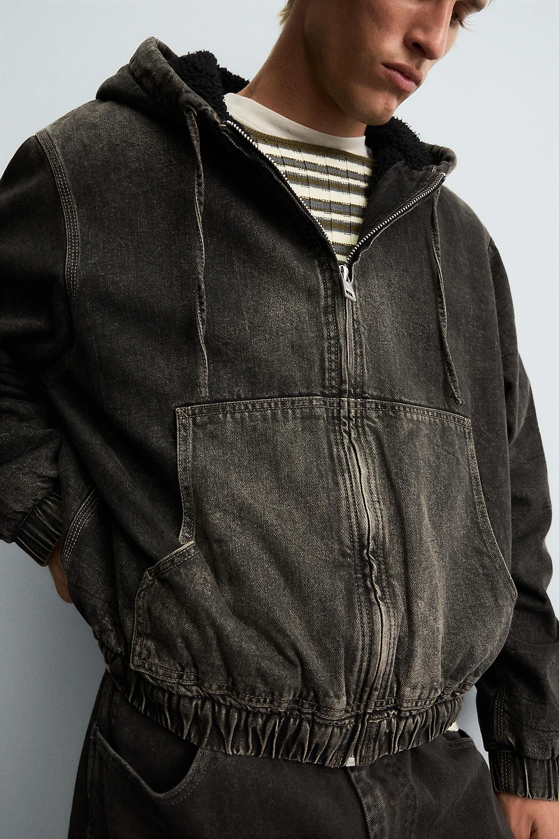 FLEECE LINED DENIM JACKET WITH HOODIE