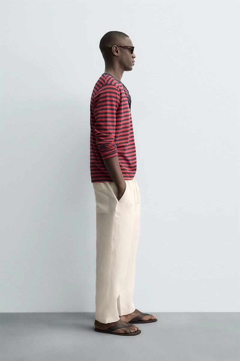 ROUND NECK STRIPED LINEN COTTON T-SHIRT