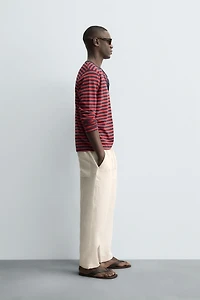 ROUND NECK STRIPED LINEN COTTON T-SHIRT