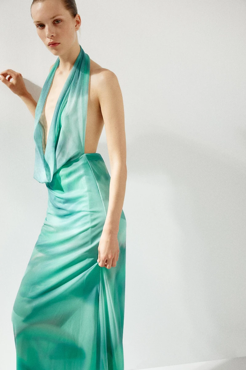 PRINTED TULLE LONG DRESS