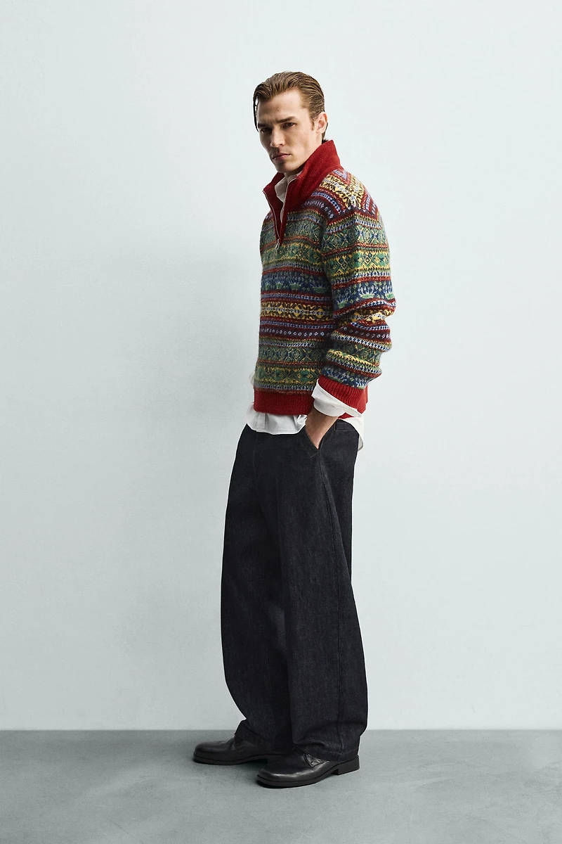 GEOMETRIC JACQUARD QUARTER-ZIP JUMPER