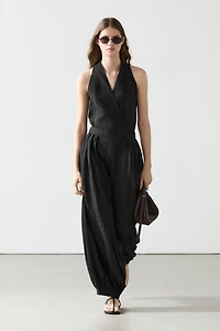 Flowing linen-blend drop crotch pants