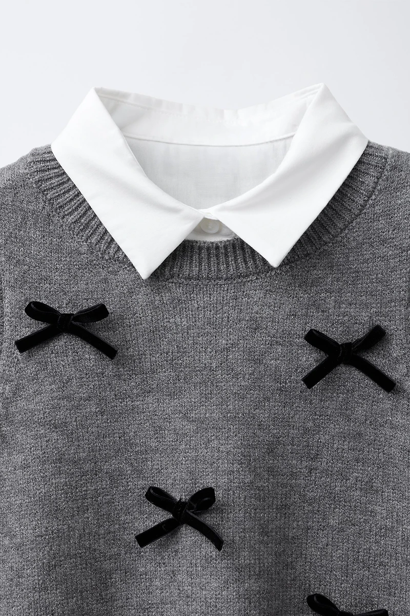 POPLIN SHIRT WITH KNITTED VEST AND VELVET BOWS