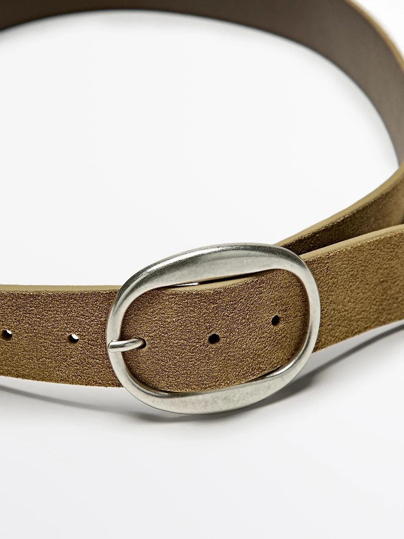 Split suede leather belt with oval buckle