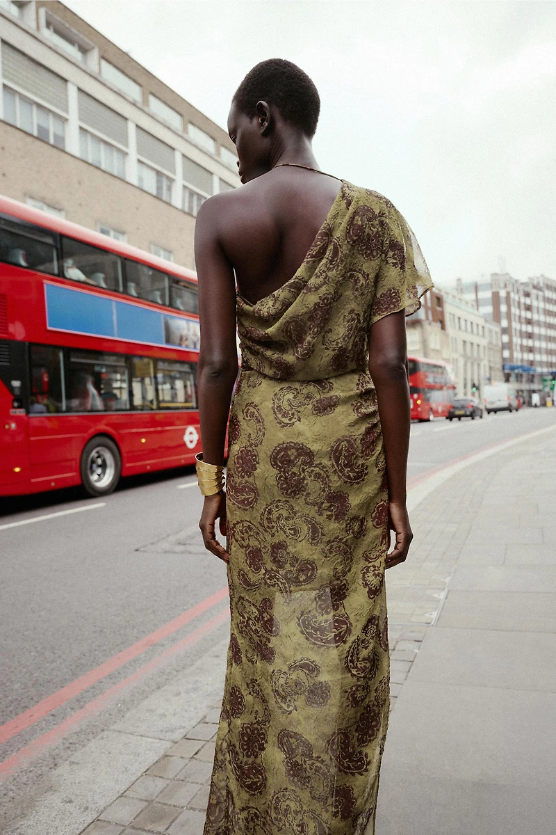 ASYMMETRIC PRINTED MIDI DRESS