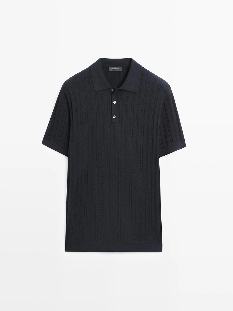 Cotton blend cable-knit polo sweater
