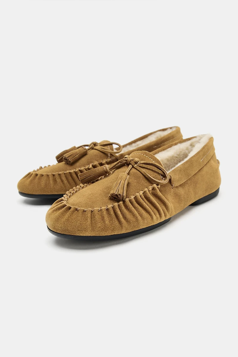 MOCASSINS EN CUIR DAIM EFFET PEAU DE MOUTON
