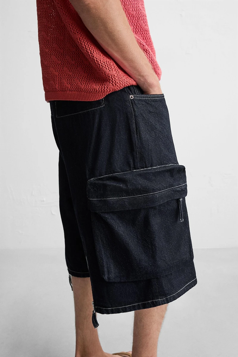 WIDE FIT DENIM CARGO SHORTS