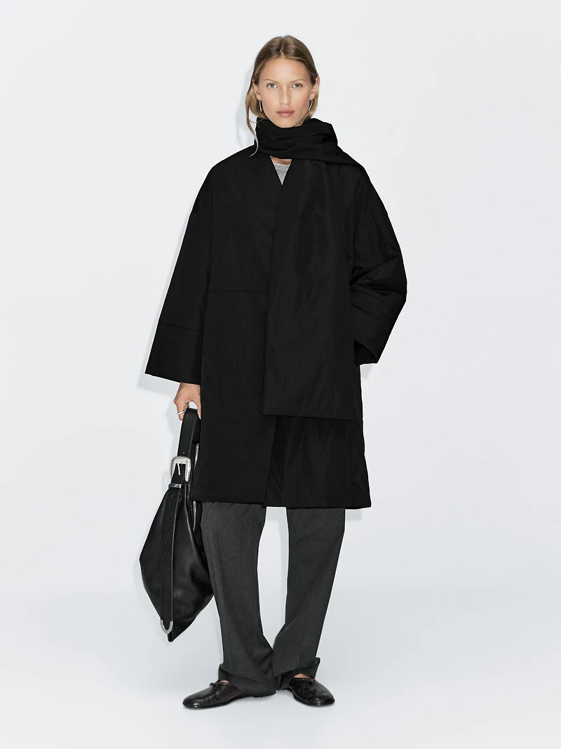 Long padded coat with scarf detail